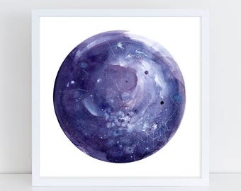 Purple Moon Watercolor Moon Print. Aries Moon Wall Art. Moon Poster. Anniversary Gift for her. Celestial Watercolor Galaxy Moon. Luna.