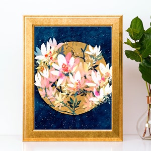 Magnolia Sunrise Art Print Pink Blooming Magnolia Tree Blue Branches Golden Sun, Floral Poster Modern Vintage Decor by CreativeIngrid imagem 3