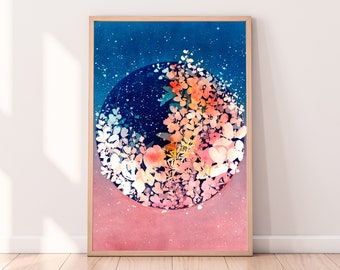 Floral Moonrise Art Print: Watercolor Flower Moon - Nursery Decor