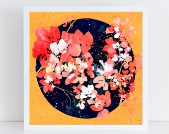 Lunation Moon Flower Art Print | Décor de lune bleu indigo or avec fleurs rouges branches dorées sur fond étoilé doré par CreativeIngrid