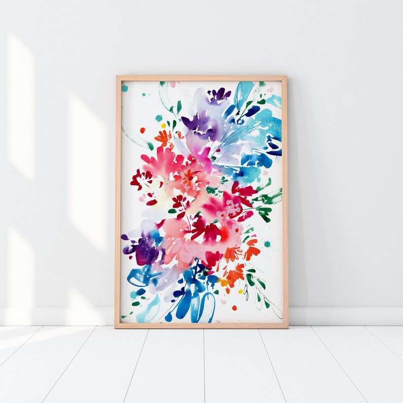 Aware, Floral Print Hot Pink Abstract Flowers Blue Purple Watercolor Painting for Living Room Print Contemporary Modern Art CreativeIngrid image 1