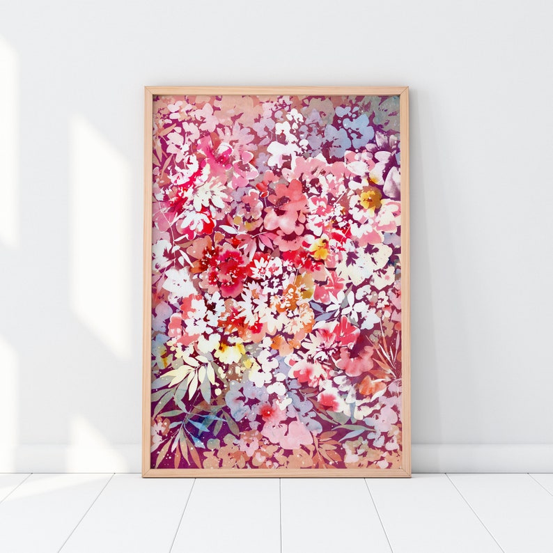 Into the Sunrise, Floral Wall Art Abstract Floral Print for Living Room Modern Nursery Decor Red Purple Watercolor Painting CreativeIngrid image 1