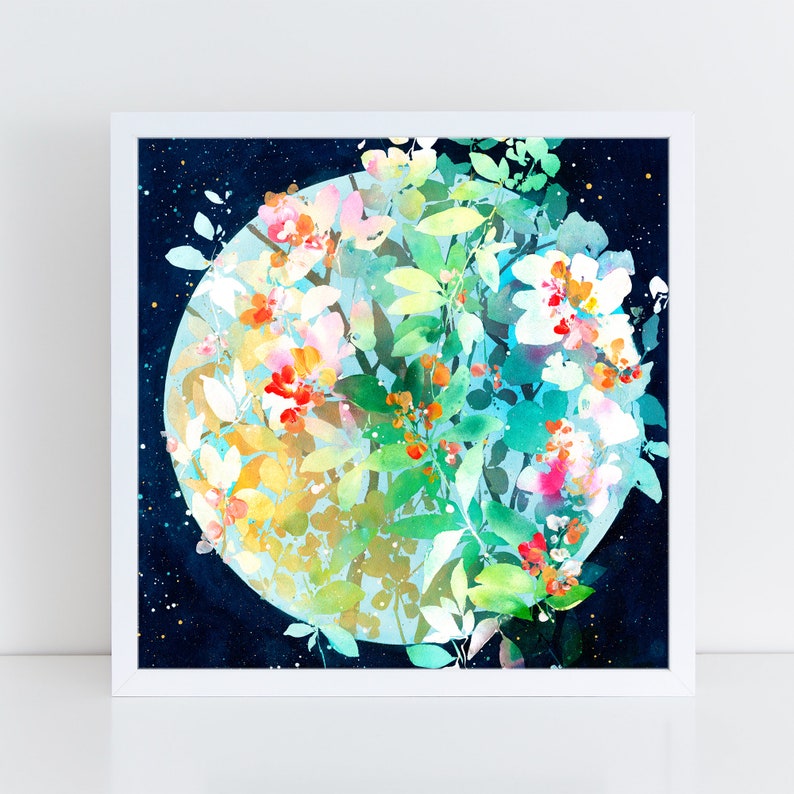 In Full Bloom, Botanical Celestial Art Print by CreativeIngrid, Contemporary Circular Decor Modern Watercolor Gold Green Leaves Flowers Moon image 2