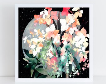 Moon Orchid Watercolor Art Print: Silver Moon Floral Cosmic Decor