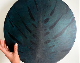 New Moon Black Monstera Shamanic Drum, 16” Handmade Ritual Frame Drum