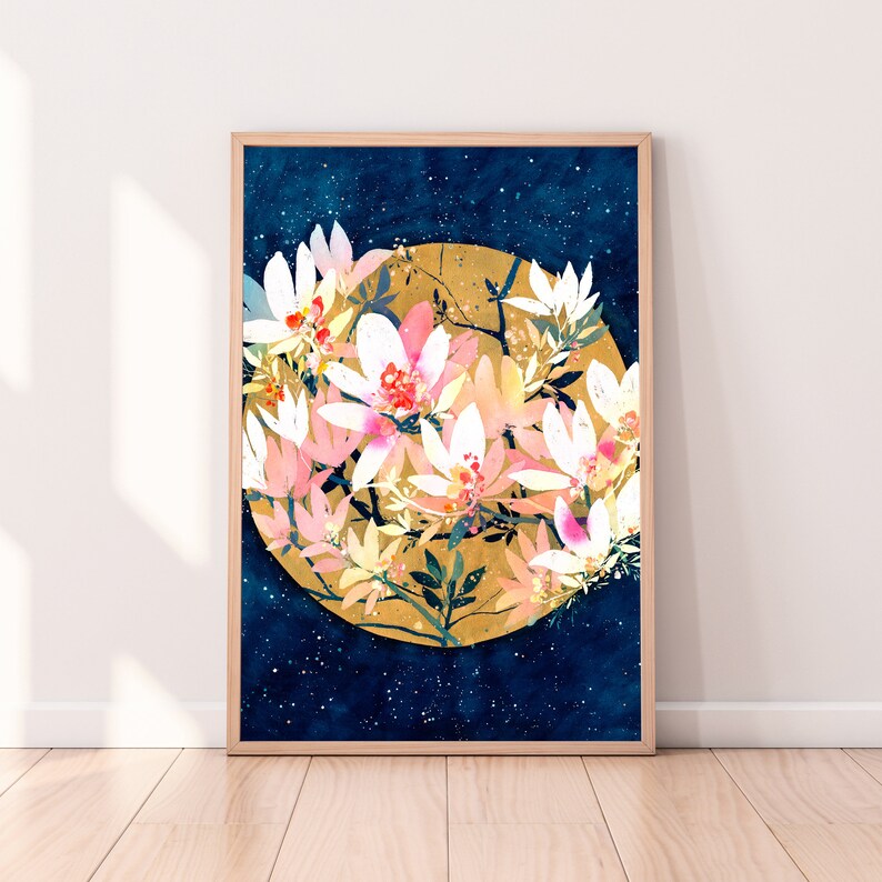 Magnolia Sunrise Art Print Pink Blooming Magnolia Tree Blue Branches Golden Sun, Floral Poster Modern Vintage Decor by CreativeIngrid image 2