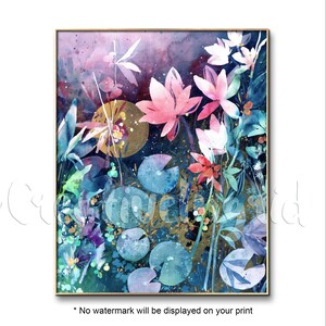 May include: Watercolor painting of pink and white flowers with blue and green leaves. The background is a purple and blue watercolor wash.