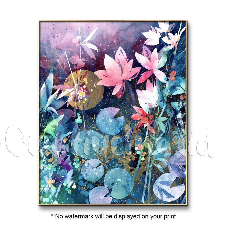 May include: Watercolor painting of pink and white flowers with blue and green leaves. The background is a purple and blue watercolor wash.
