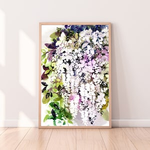 White Wisteria Flower Art Print | Wisteria Purple White Green Leaves Abstract Botanical Art Watercolor Japanese Inspired by CreativeIngrid