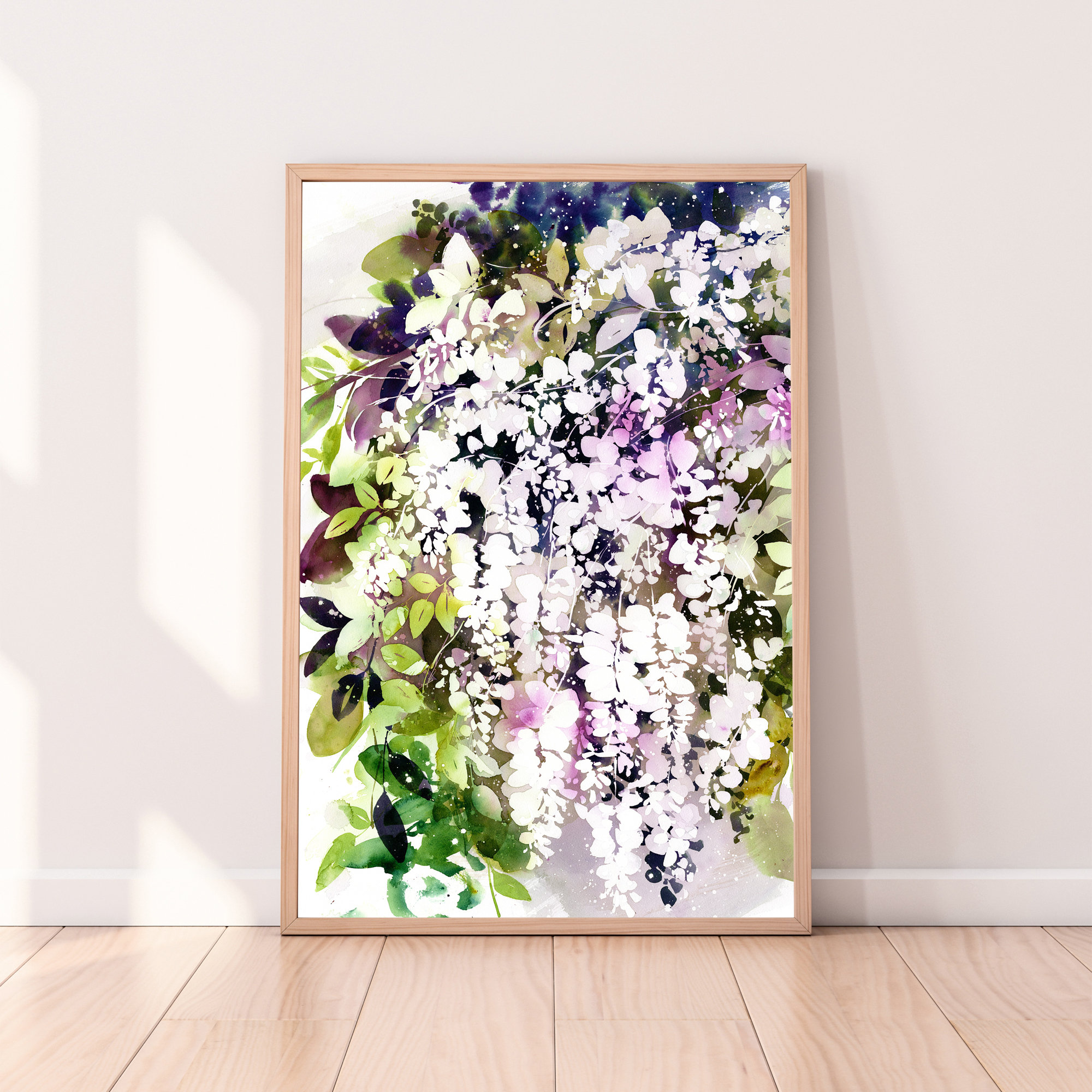 白い藤の花のアートプリント | 藤 紫 白 緑の葉 抽象的 植物画