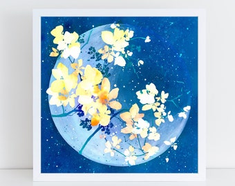 Floral Moonlight Art Print: Ethereal Watercolor Moon, Yellow Flowers
