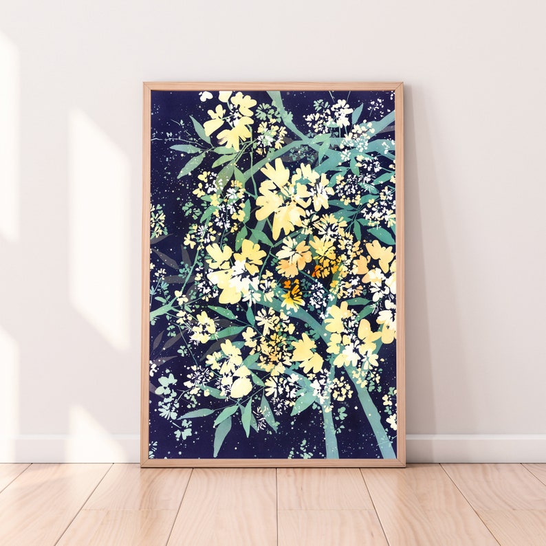 Yellow Tree Art Print Yellow Flower Tree Purple Starry Sky Nature Lover Gift Flowers Leaves Fine Decor Gallery Watercolor CreativeIngrid image 2
