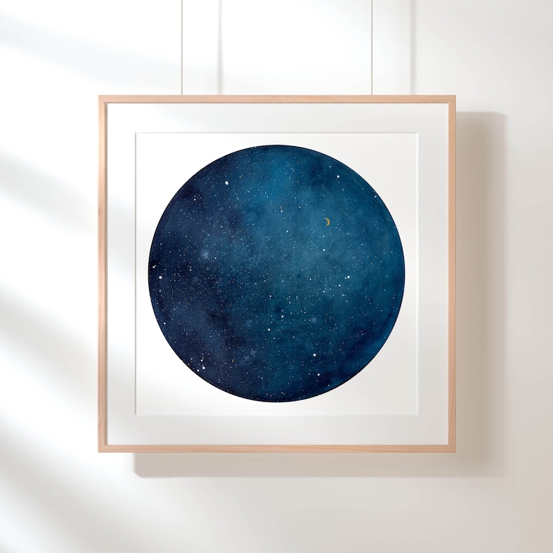 Blue Galaxy Moon Art Print Blue Wall Art Celestial Night Sky Constellation Wall Decor Lunar Indigo Moon Watercolor Print by CreativeIngrid image 8