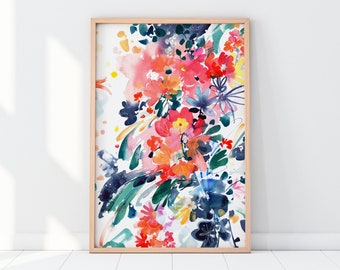 Blooming Wild, Indigo Pink Floral Fine Art Print | Abstract Flower Painting Watercolor Blooms by CreativeIngrid Modern Botanical Home Decor