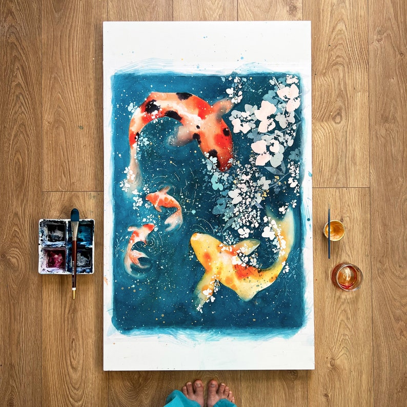 Koi and Goldfish Art Print Zen Watercolor Fish Japanese Inspired Decor Koi Carp Modern Art Aquatic Life Orange Yellow Koi CreativeIngrid image 3