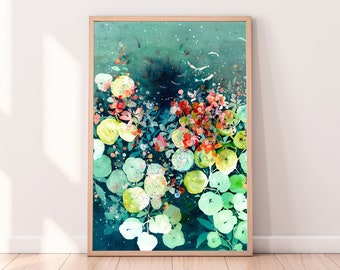 Nasturtium Garden Watercolor Art Print: Dreamlike Blooms, Flying Crows