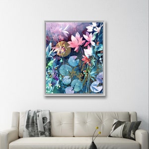 May include: A watercolor painting of pink and white water lilies with green lily pads and a blue background. The painting has a gold and silver glitter effect.