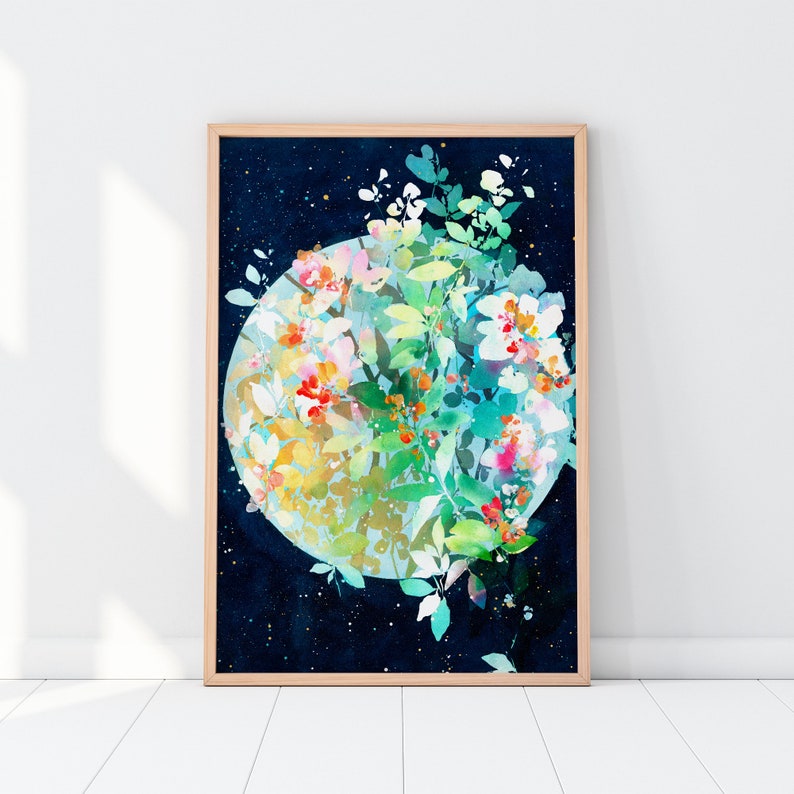 In Full Bloom, Botanical Celestial Art Print by CreativeIngrid, Contemporary Circular Decor Modern Watercolor Gold Green Leaves Flowers Moon image 3