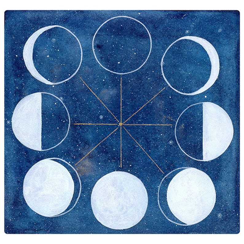 May include: A blue watercolor painting of a starry night sky with a gold starburst in the center. Eight white circles with different phases of the moon are arranged around the starburst.
