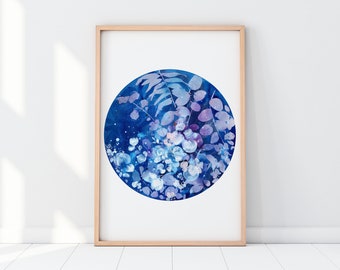 Cosmos in Bloom, Celestial Watercolor Painting | Blue Print Moon Boho Decor Bedroom, Blue Moon Wall Decor | Botanical Moon by CreativeIngrid