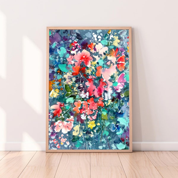 Blooming Night Fine Art Print | Colorful Vibrant Flowers Blooming in a Turquoise Night. Autumn Inspired Home Decor Watercolor CreativeIngrid