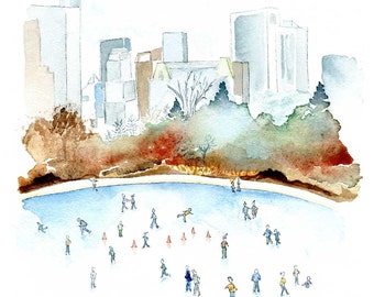 New York Print. NYC Skyline. Ice Skating Central Park. Watercolor Landscape Illustration Art. Housewarming idea. Wall Art. Gift Under 15