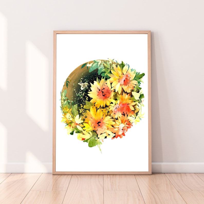 Sunflowers, Two Bumble Bees and the Moon Art Print Yellow Flowers Moon Watercolor Art Modern Botanical Decor Nature Love by CreativeIngrid image 2