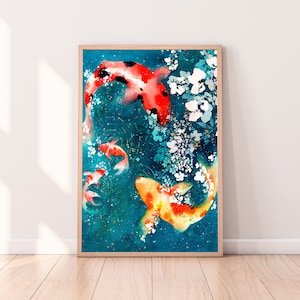 Koi and Goldfish Art Print Zen Watercolor Fish Japanese Inspired Decor Koi Carp Modern Art Aquatic Life Orange Yellow Koi CreativeIngrid image 1