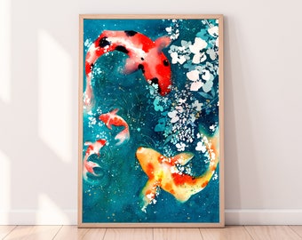 Koi and Goldfish Art Print | Zen Watercolor Fish Japanese Inspired Decor Koi Carp Modern Art Aquatic Life Orange Yellow Koi CreativeIngrid