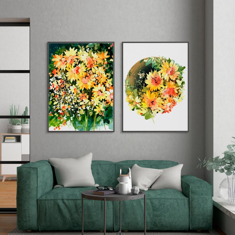 Sunflowers, Two Bumble Bees and the Moon Art Print Yellow Flowers Moon Watercolor Art Modern Botanical Decor Nature Love by CreativeIngrid image 5