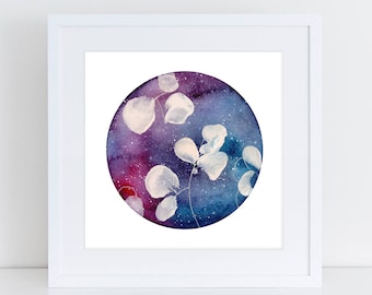 Celestial Watercolor Painting Art Print Celestial Sphere Watercolor Stars Celestial Flowers Watercolor Universe Print Make a Wish