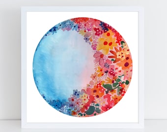 Sweet Moon Flower Print | Watercolor Print Moon Wall Art for Bedroom | Circle Art Celestial Watercolor by CreativeIngrid