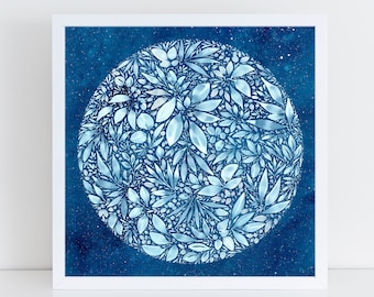 Full Snow Moon Leafy Art Print | Indigo Blue Celestial Starry Sky Bedroom Wall February Snow Moon Botanical Circle Aquarelle CreativeIngrid