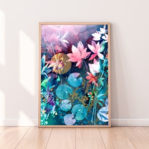 May include: Watercolor painting of pink and white flowers with green leaves and blue water lily pads on a dark blue background.