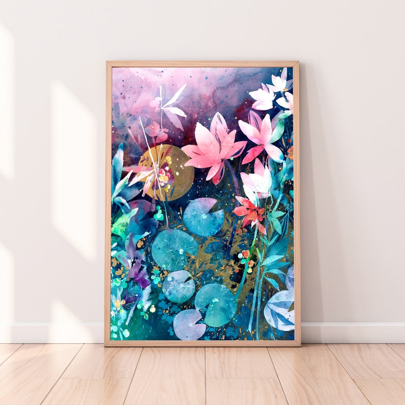 May include: Watercolor painting of pink and white flowers with green leaves and blue water lily pads on a dark blue background.