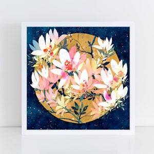 Magnolia Sunrise Art Print |  Pink Blooming Magnolia Tree Blue Branches Golden Sun, Floral Poster Modern Vintage Decor by CreativeIngrid