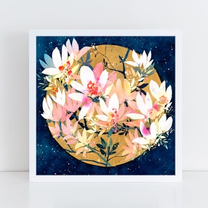 Magnolia Sunrise Art Print Pink Blooming Magnolia Tree Blue Branches Golden Sun, Floral Poster Modern Vintage Decor by CreativeIngrid imagem 1