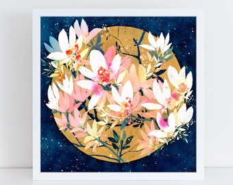 Magnolia Sunrise Art Print: Pink Floral, Golden Sun, Indigo Sky