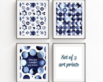 Set of 3 Watercolor Moon Prints | Moon Chart, Moon Phases Pattern and Quote Write Trust & Manifest Your Dreams Bedroom Art Gift Idea