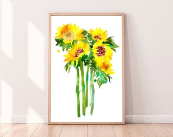 Sunflowers, Art Print Large Watercolor Painting Yellow Sunflowers Summer Wall Art Sunflowers Gift Botanical Room Decor CreativeIngrid