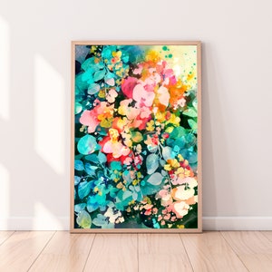 Bold Colorful Fine Art Print: Rain Sprouts | Turquoise Leaves with Pink Yellow Flowers, Botanical Gallery Wall Art Watercolor CreativeIngrid