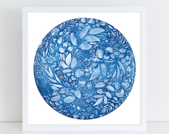 Full Flower Moon | Blue Moon Indigo Wall Art Lunar Phases Blue and White Art Print Celestial Watercolor Print Bedroom Art CreativeIngrid