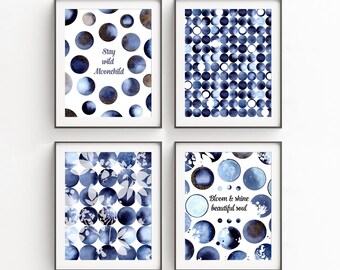 Set of 4 Watercolour Moon Prints | Moon Patterns With Quotes Bloom & Shine Beautiful Soul Stay Wild Moonchild Art for Bedroom Modern Nursery