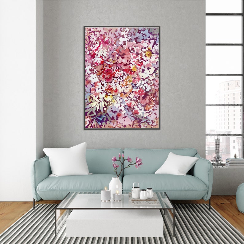 Into the Sunrise, Floral Wall Art Abstract Floral Print for Living Room Modern Nursery Decor Red Purple Watercolor Painting CreativeIngrid image 2