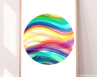 Colorful Waves Moon Art Print: Abstract Watercolor Lunar Decor