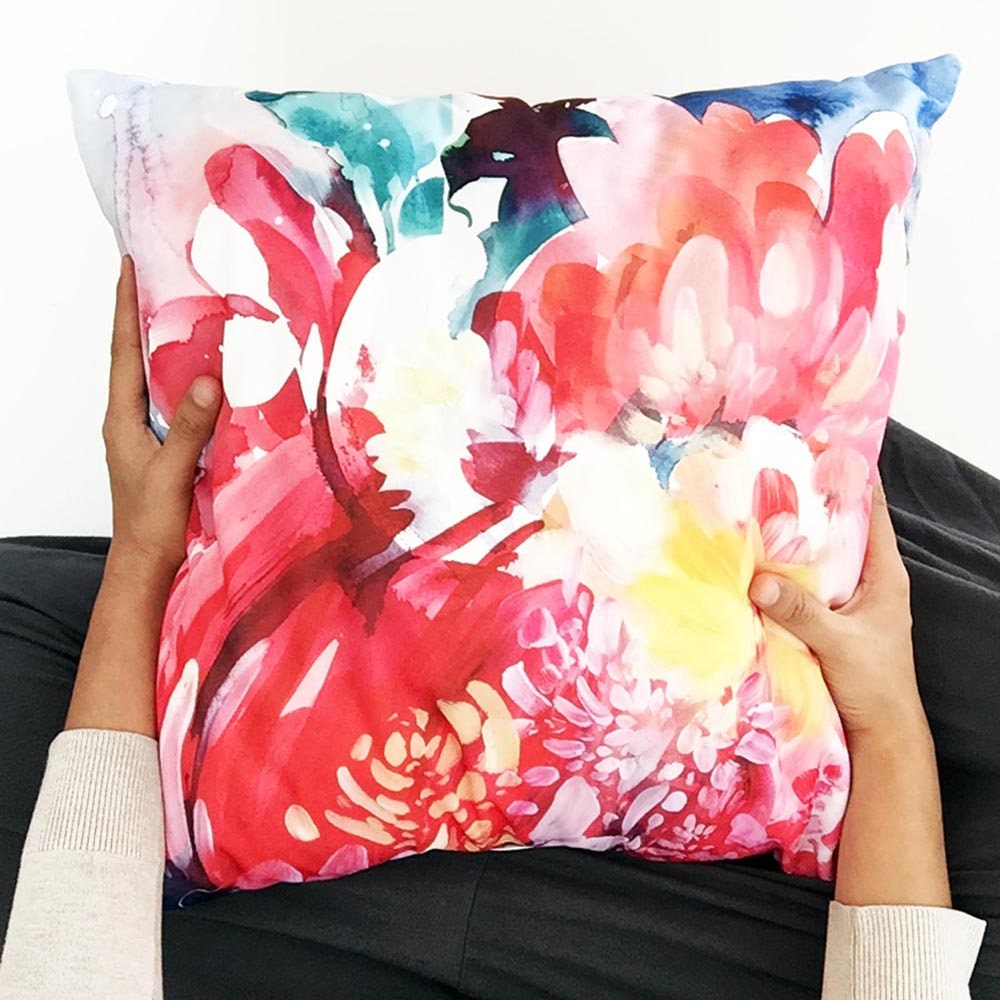 Floral Hug Square Pillow Case Only Red Floral Cushion Throw Cover Peonies Flowers Watercolor Fabric 