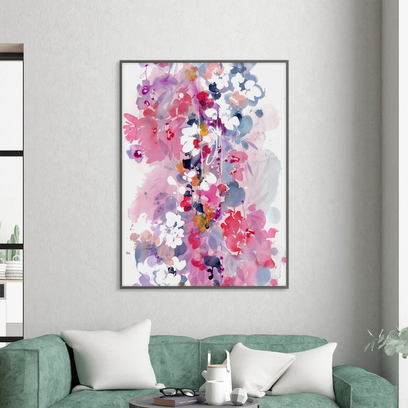 Fade, Pink Abstract Botanical Wall Art by CreativeIngrid Large Floral Art Print. Blush Pink Decor Watercolor. Pink and Indigo Plant Prints image 10