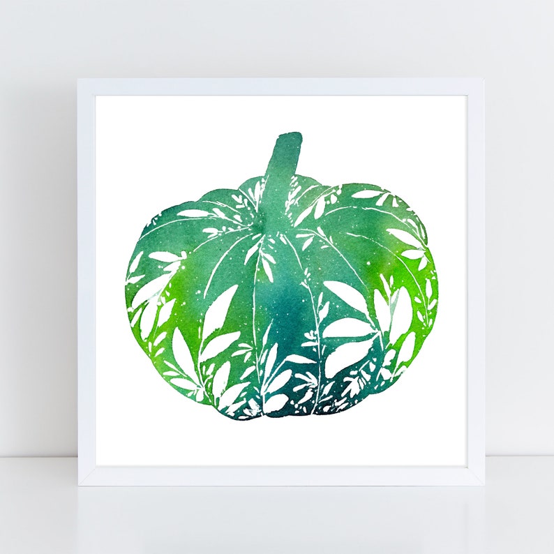 Green Leafy Pumpkin Art Print Blue Green Pumpkin Decor Modern Watercolor Fall Wall Art Kitchen Hand Painted Pumpkin Leaves CreativeIngrid image 1