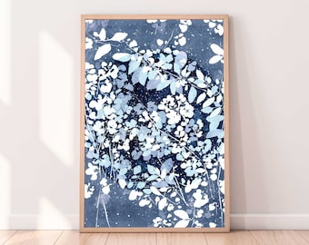 New Moon Snow Art Print | Indigo Blue Night New Moon with White Flowers and Snow, Celestial Modern Botanical Watercolor by CreativeIngrid