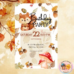 May include: A birthday party invitation with a cartoon squirrel holding an acorn, set against a backdrop of autumn leaves and acorns. The invitation includes the text "Birthday Party," date, time, and location details. The design uses a watercolour style with warm, earthy tones.
